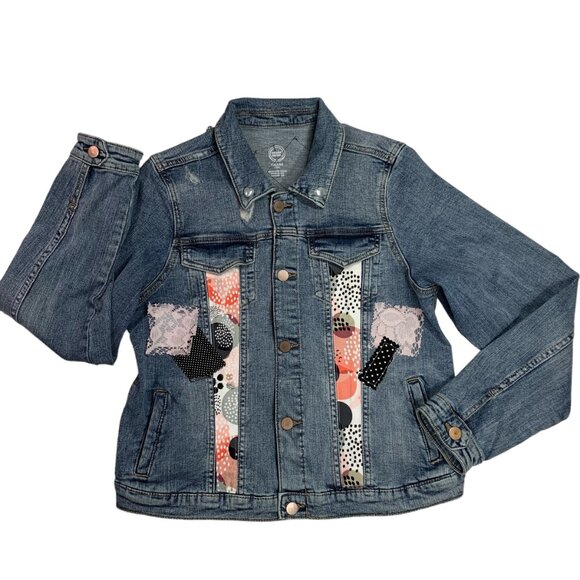 Wonder Nation Denim Jacket Pink Black Lace Polka Dot Pearl Heart Trucker XXL - Picture 2 of 13